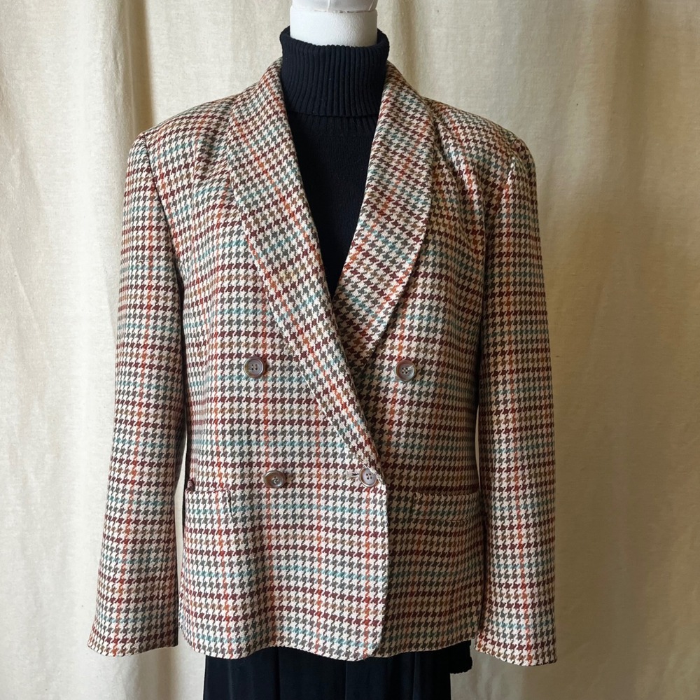 Vintage Pendleton‎ Houndstooth Wool Blazer Petite S USA Brown Plaid